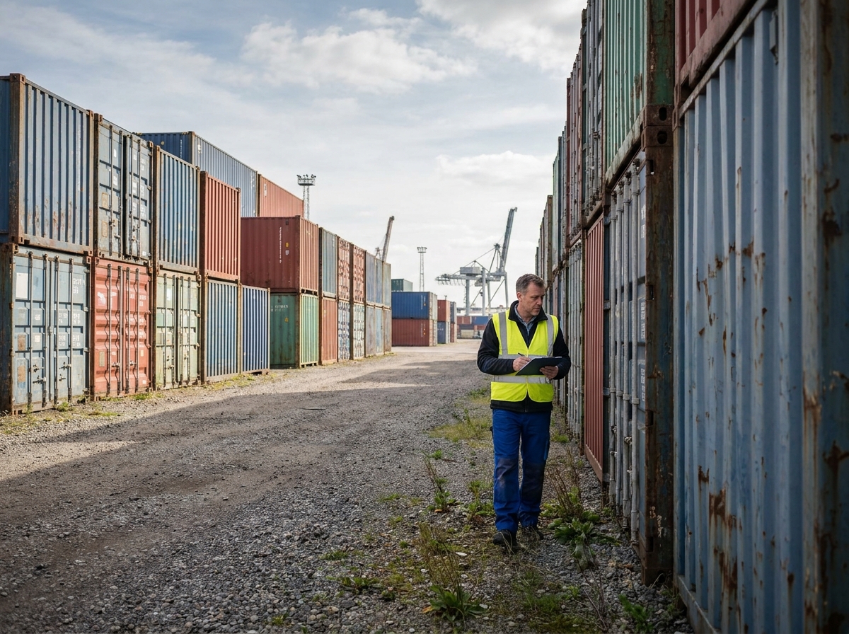 Cour de conteneurs maritimes d'occasion empilés dans un port industriel, inspectés par un professionnel en gilet jaune