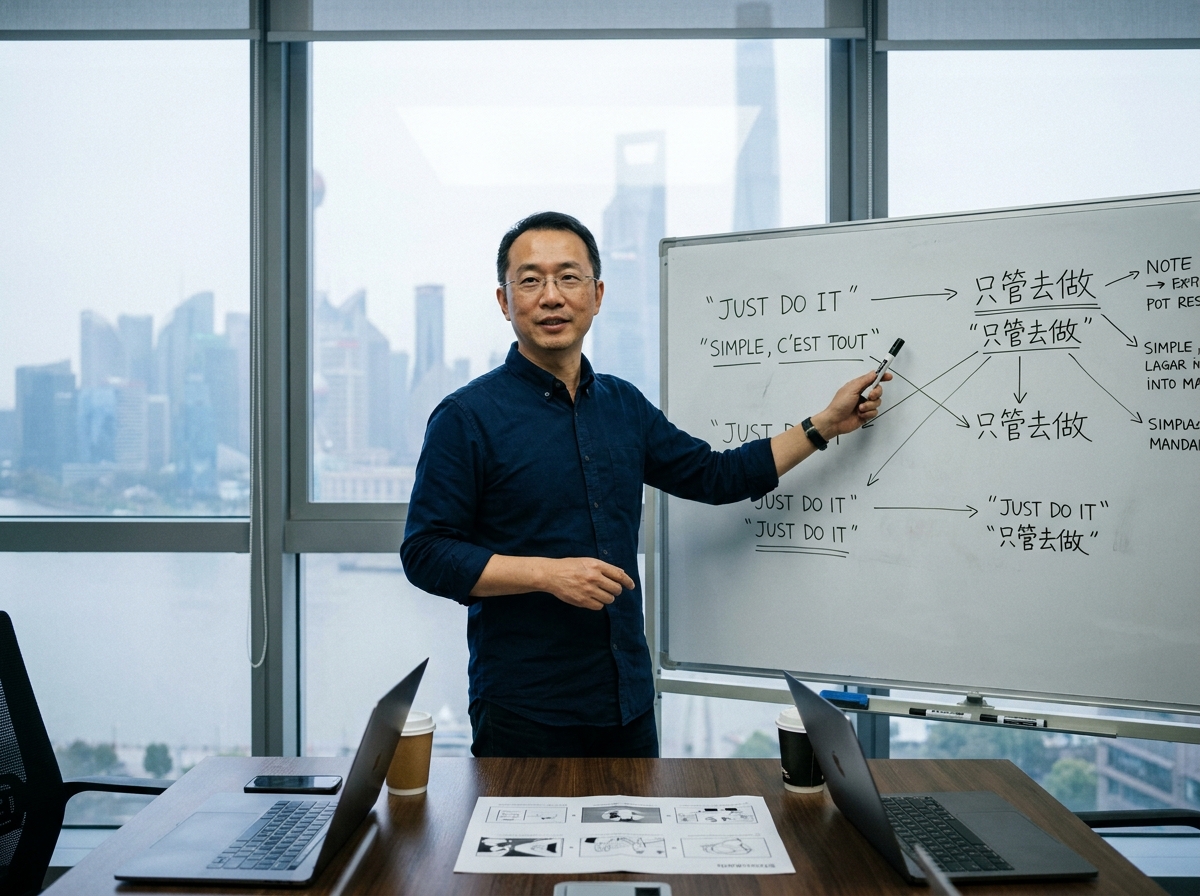 Directeur créatif bilingue présentant une stratégie d'adaptation culturelle pour spots radio devant un tableau blanc à Shanghai