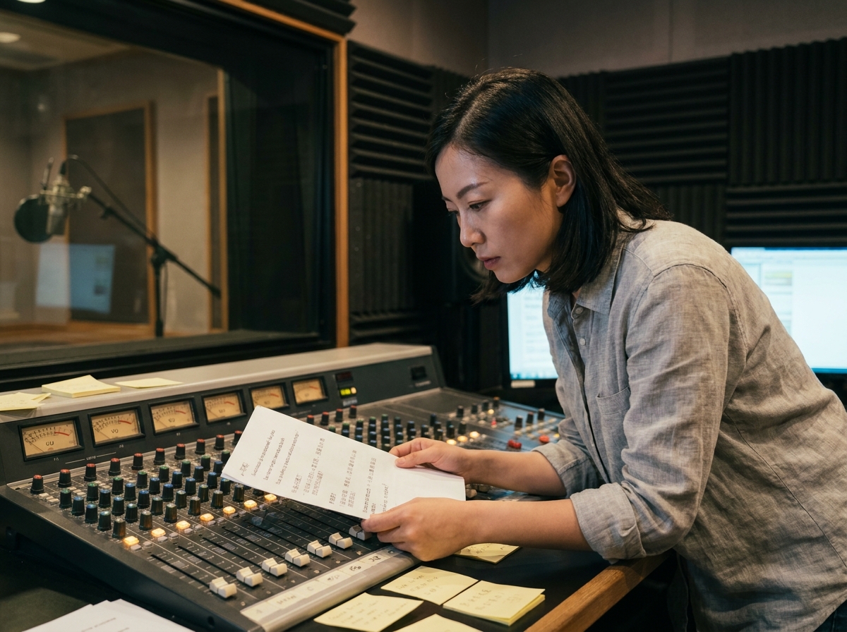 Ingénieure audio chinoise analysant un script bilingue français-mandarin dans un studio de radio professionnel