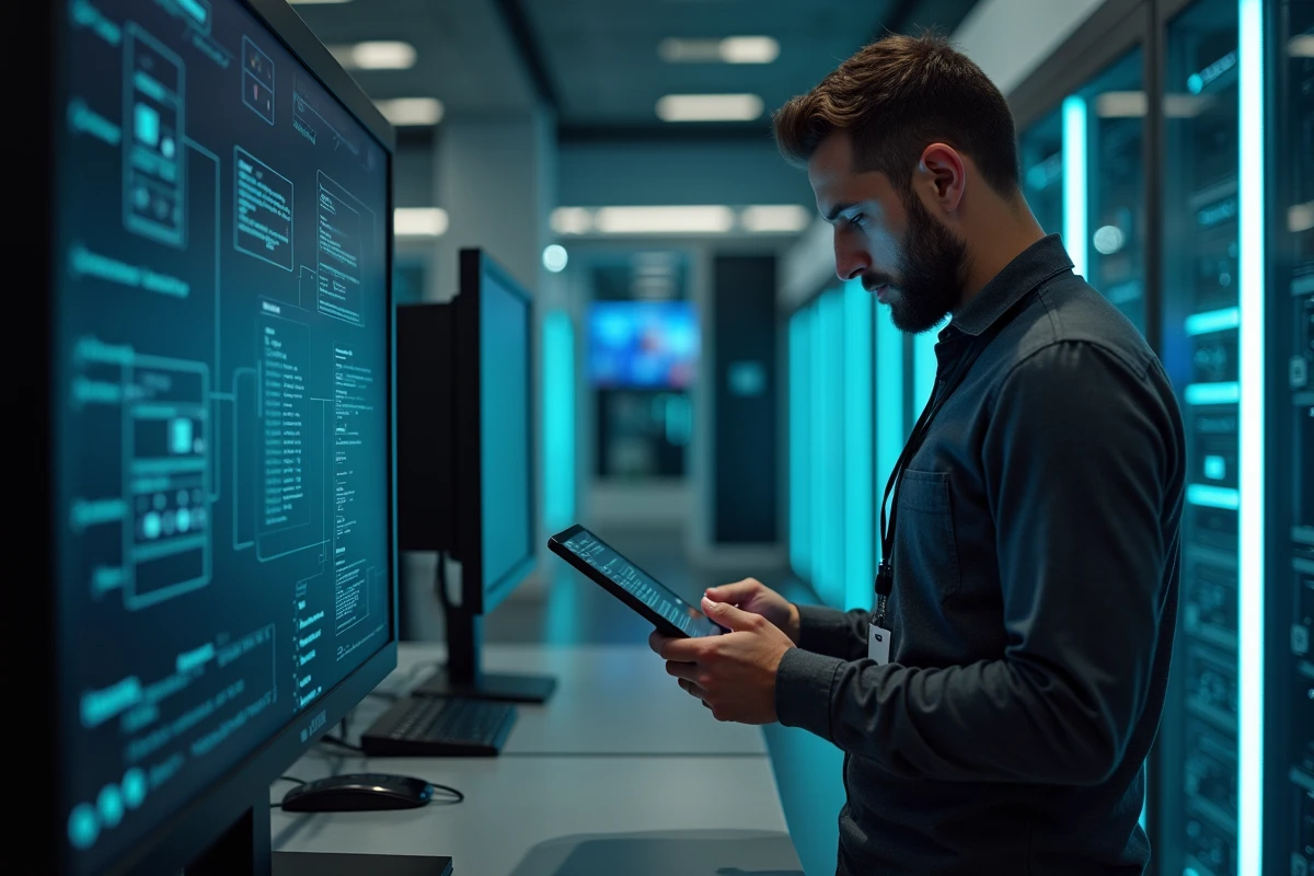 Administrateur informatique configurant les rôles et droits d'accès utilisateurs sur une tablette dans une salle serveur