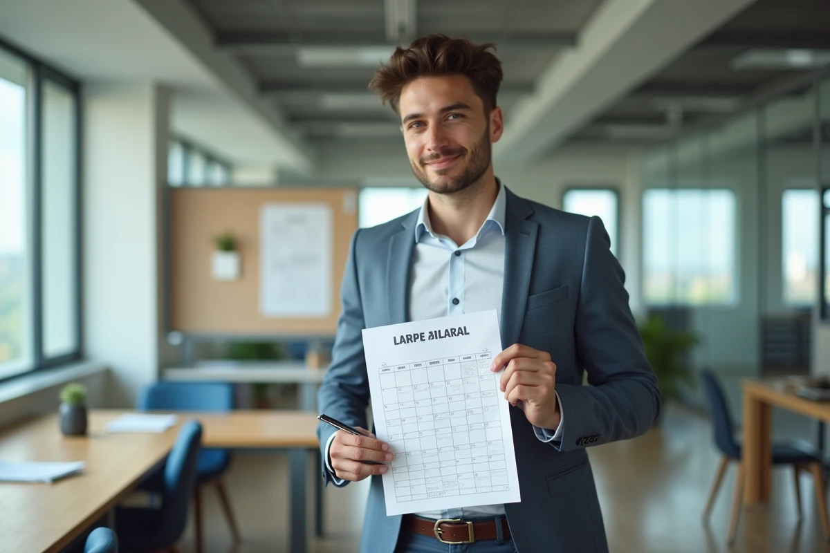 Jeune administrateur scolaire avec calendrier 2026