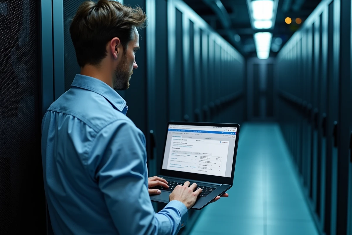 Administrateur informatique configurant les règles de sécurité d'un serveur de messagerie Zimbra dans une salle des serveurs
