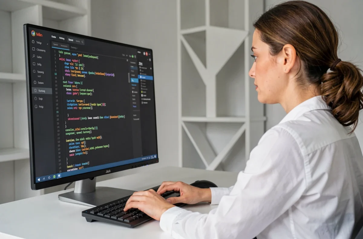 Développeuse web de l'agence Effi10 analysant du code sur un écran dans un bureau minimaliste