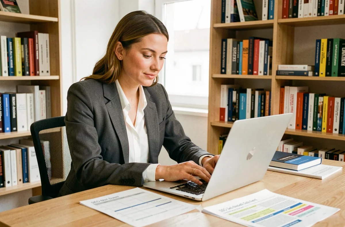 Consultante SEO et créatrice de contenu de l'Agence Germain à Saint-Michel-sur-Orge révisant une stratégie éditoriale sur son bureau