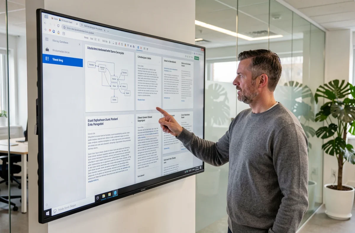 Designer de l'agence Webup présentant une maquette de site web sur un écran mural interactif