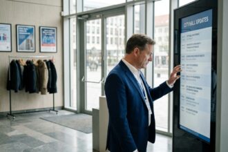 Agent municipal en costume bleu dans une mairie moderne
