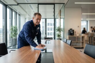 Agent de nettoyage en uniforme dans un bureau luxembourgeois