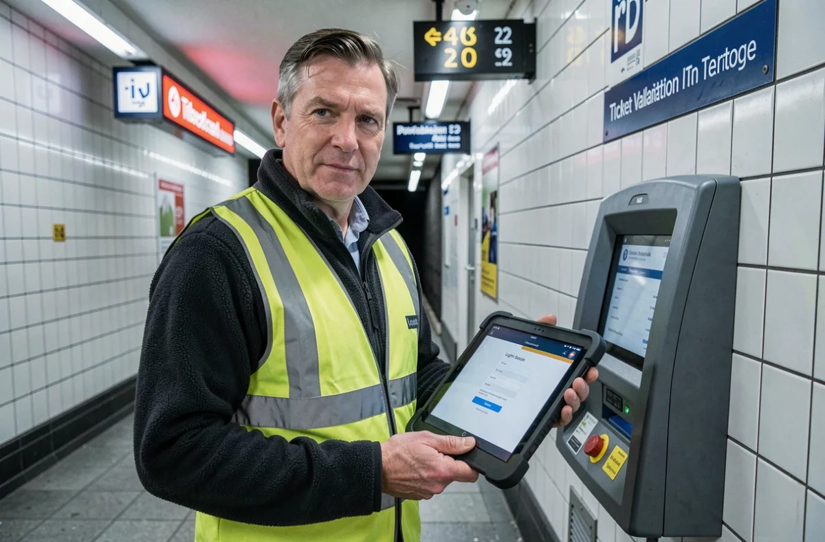 Agent RATP en gilet de sécurité utilisant une tablette pour se connecter à Urbanweb dans une station de métro