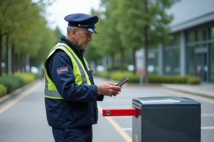 Agent de sécurité vérifiant une carte d'identité à l'entrée d'un parking
