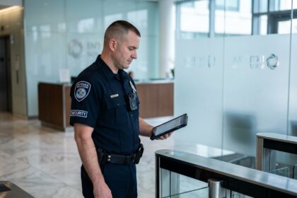 Agent de sécurité professionnel en uniforme dans le hall d'un immeuble de bureaux moderne consultant une tablette numérique