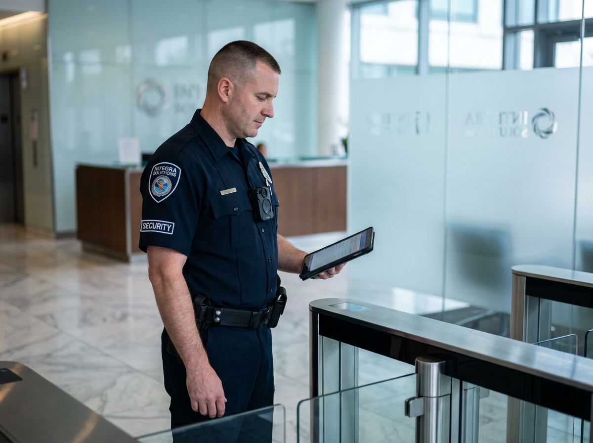 Agent de sécurité professionnel en uniforme dans le hall d'un immeuble de bureaux moderne consultant une tablette numérique