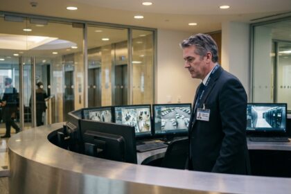 Agent de securite surveillant des ecrans en bureau moderne