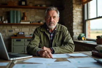 Agriculteur pluriactif gérant ses cotisations MSA et Urssaf à son bureau rural