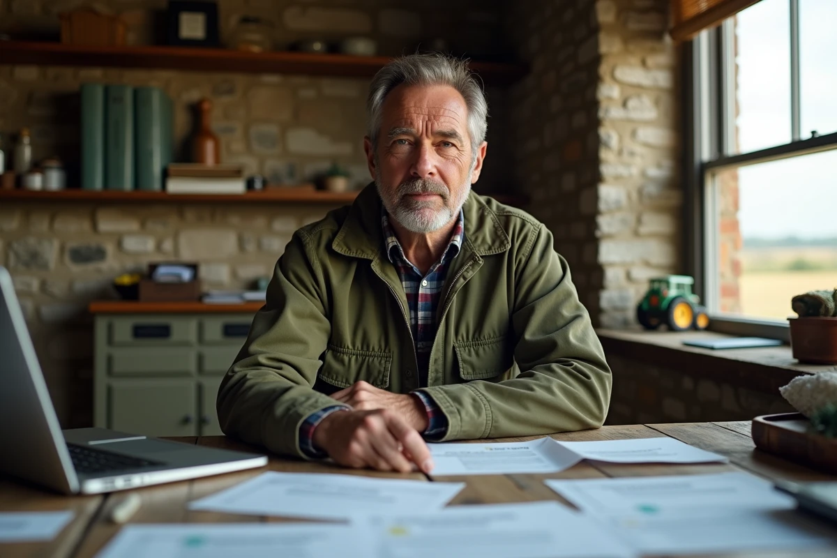 Agriculteur pluriactif gérant ses cotisations MSA et Urssaf à son bureau rural