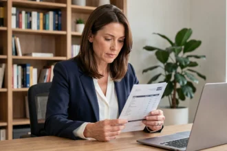 Femme consultante indépendante en portage salarial analysant attentivement sa fiche de paie à son bureau à domicile