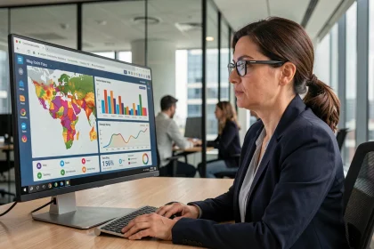 Femme professionnelle analysant des indicateurs économiques territoriaux sur un tableau de bord numérique au bureau