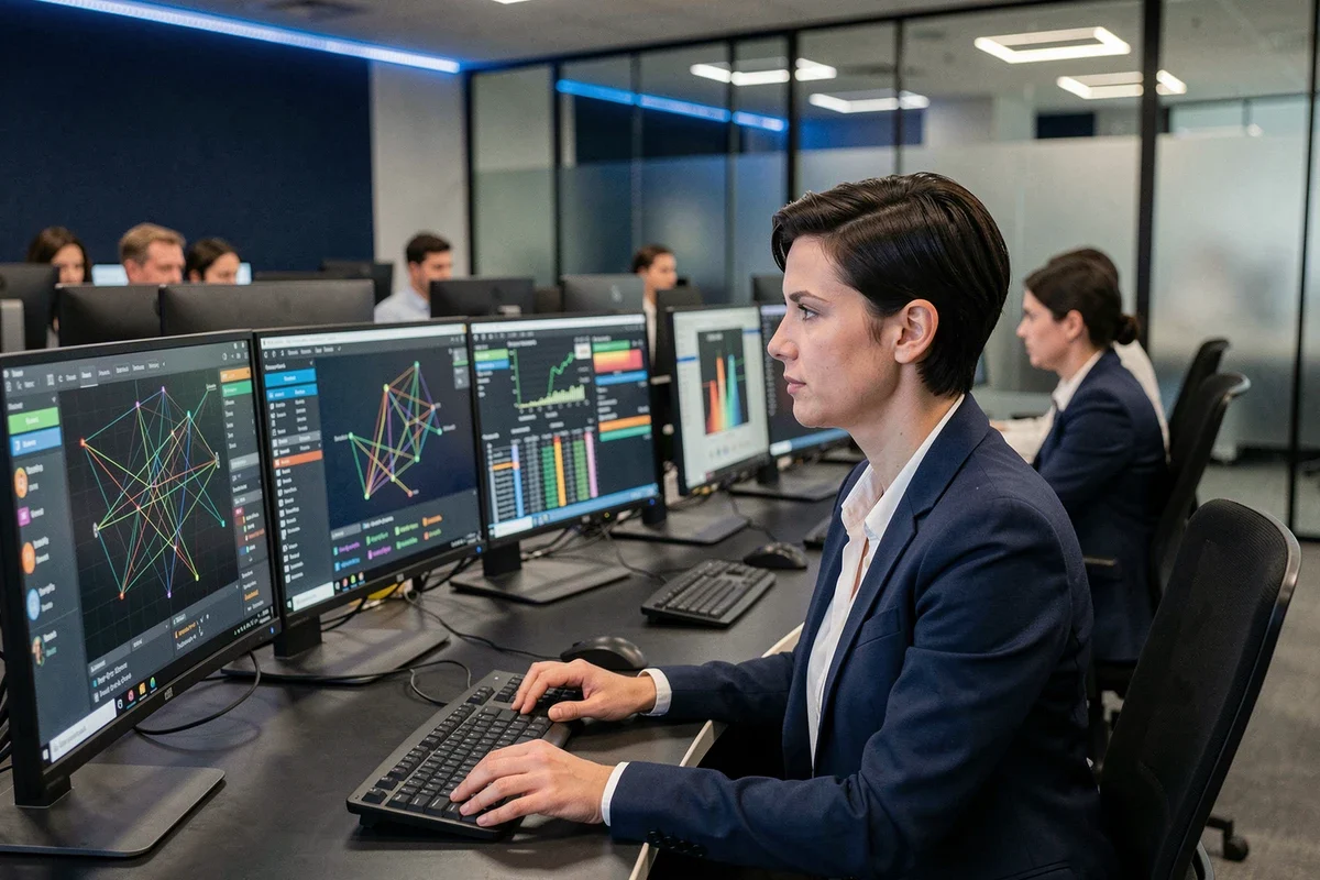 Analyste en cybersécurité surveillant un tableau de bord de gestion de crise sur plusieurs écrans dans un centre opérationnel de sécurité