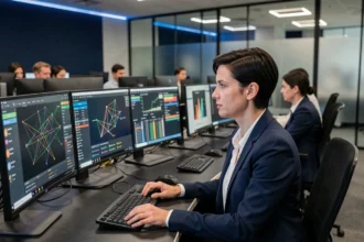 Analyste en cybersécurité surveillant un tableau de bord de gestion de crise sur plusieurs écrans dans un centre opérationnel de sécurité
