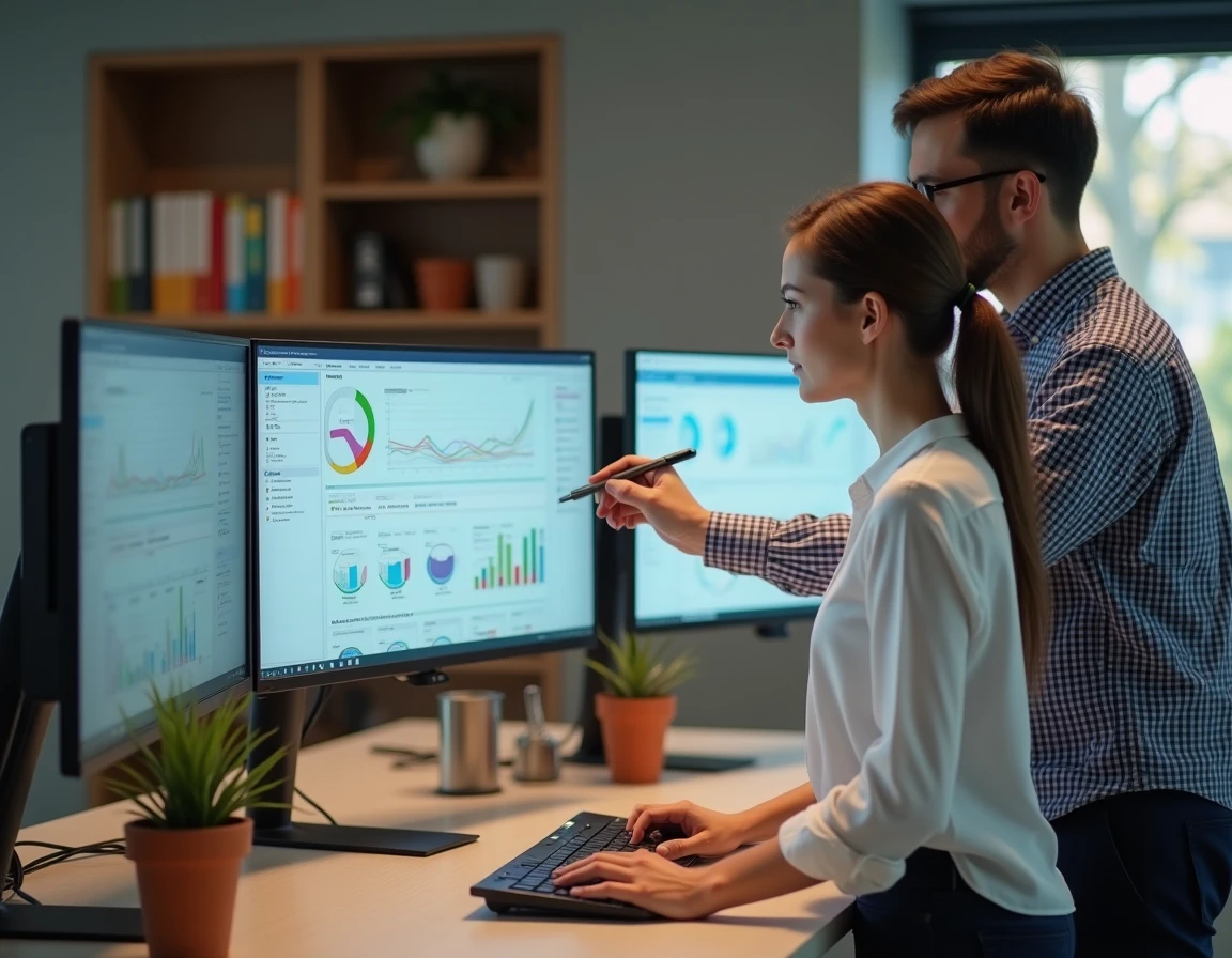 Analyste métier et collègue informatique consultant un tableau de bord de connectivité bilatérale sur double écran