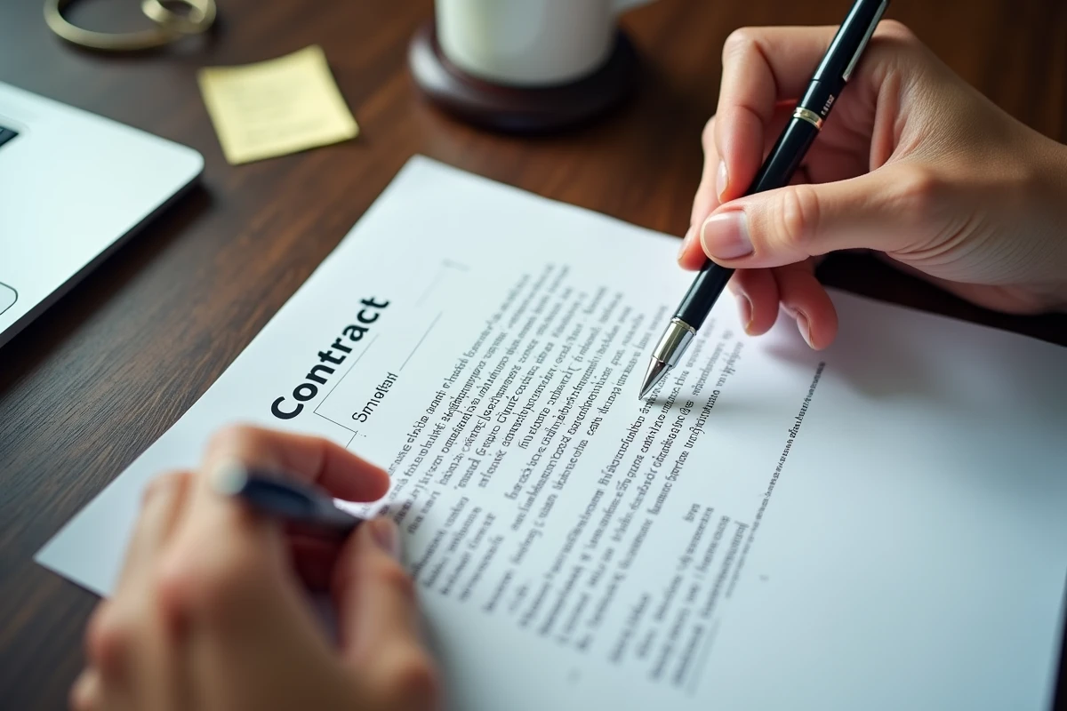 Gros plan sur des mains annotant une clause spécifique d'un contrat d'assurance professionnelle