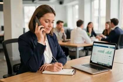 Femme professionnelle préparant un appel téléphonique au service client DB Schenker depuis son bureau