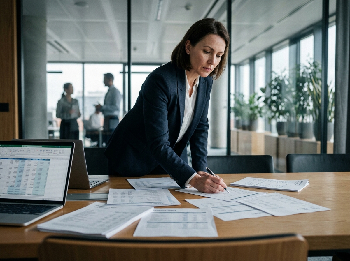 Dirigeante d'entreprise examinant des documents financiers lors de l'approbation annuelle des comptes en salle de réunion