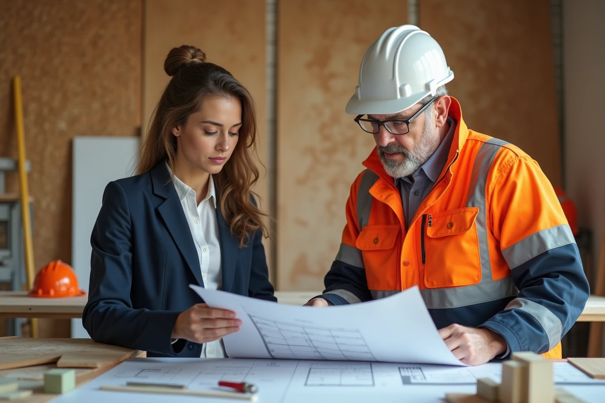Architecte et ouvrier examinant des plans sur site