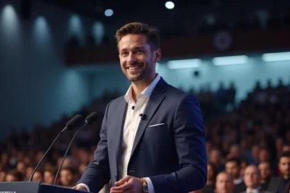 Arthur Mensch PDG de Mistral AI prenant la parole lors d'une conférence technologique, stature et posture visibles en plan trois quarts