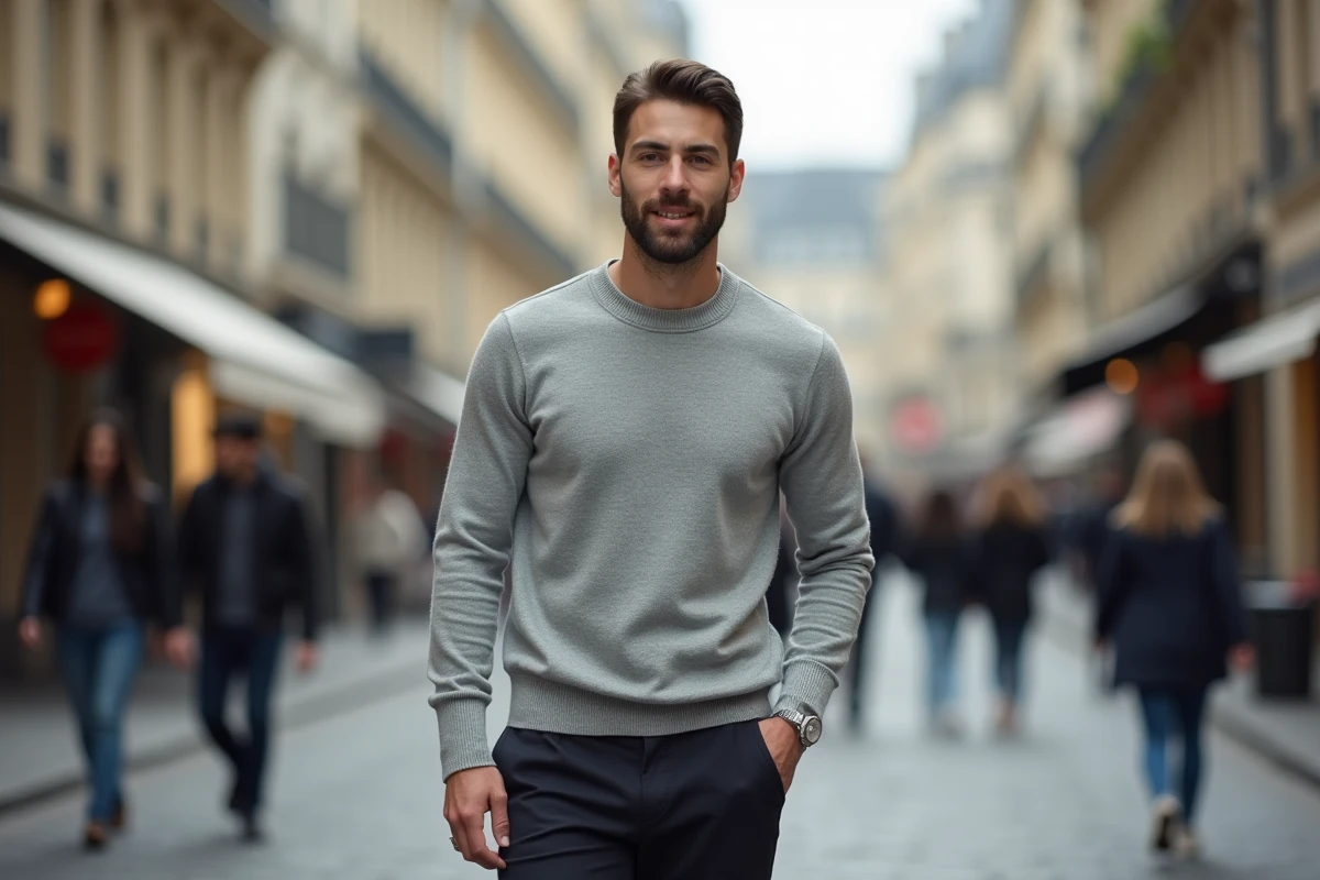 Homme en promenade dans une rue parisienne haussmannienne, silhouette et taille perceptibles en pied dans un contexte urbain authentique