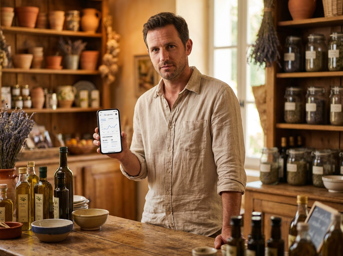 Artisan provençal consultant ses statistiques Google Ads locaux sur smartphone dans sa boutique à Salon-de-Provence