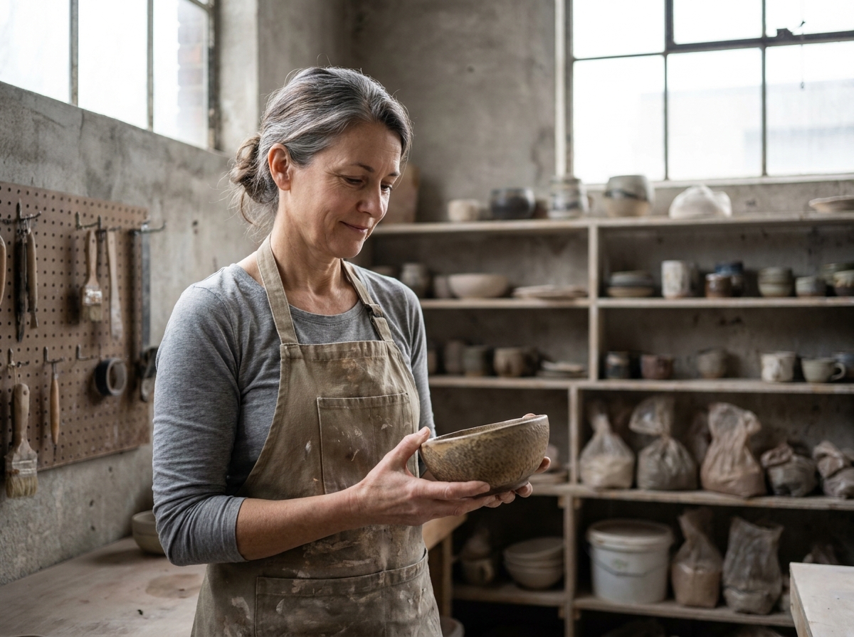 Artisane examinant sa création dans son atelier de céramique, illustrant l'origine authentique d'une marque artisanale