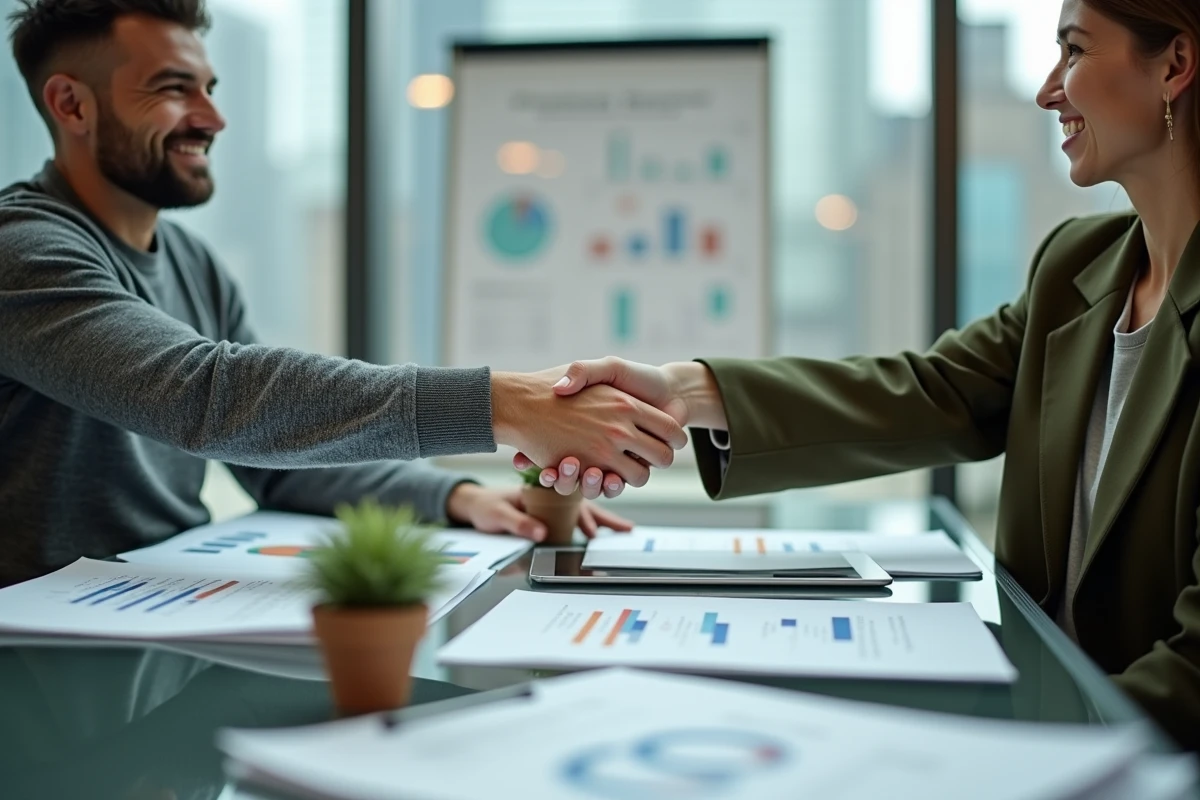 Deux associés signant un contrat d'assurance professionnelle lors d'une réunion d'affaires
