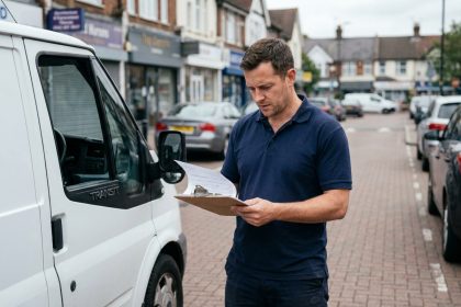 Auto-entrepreneur debout devant son véhicule utilitaire blanc en train de consulter des documents liés à son assurance auto professionnelle