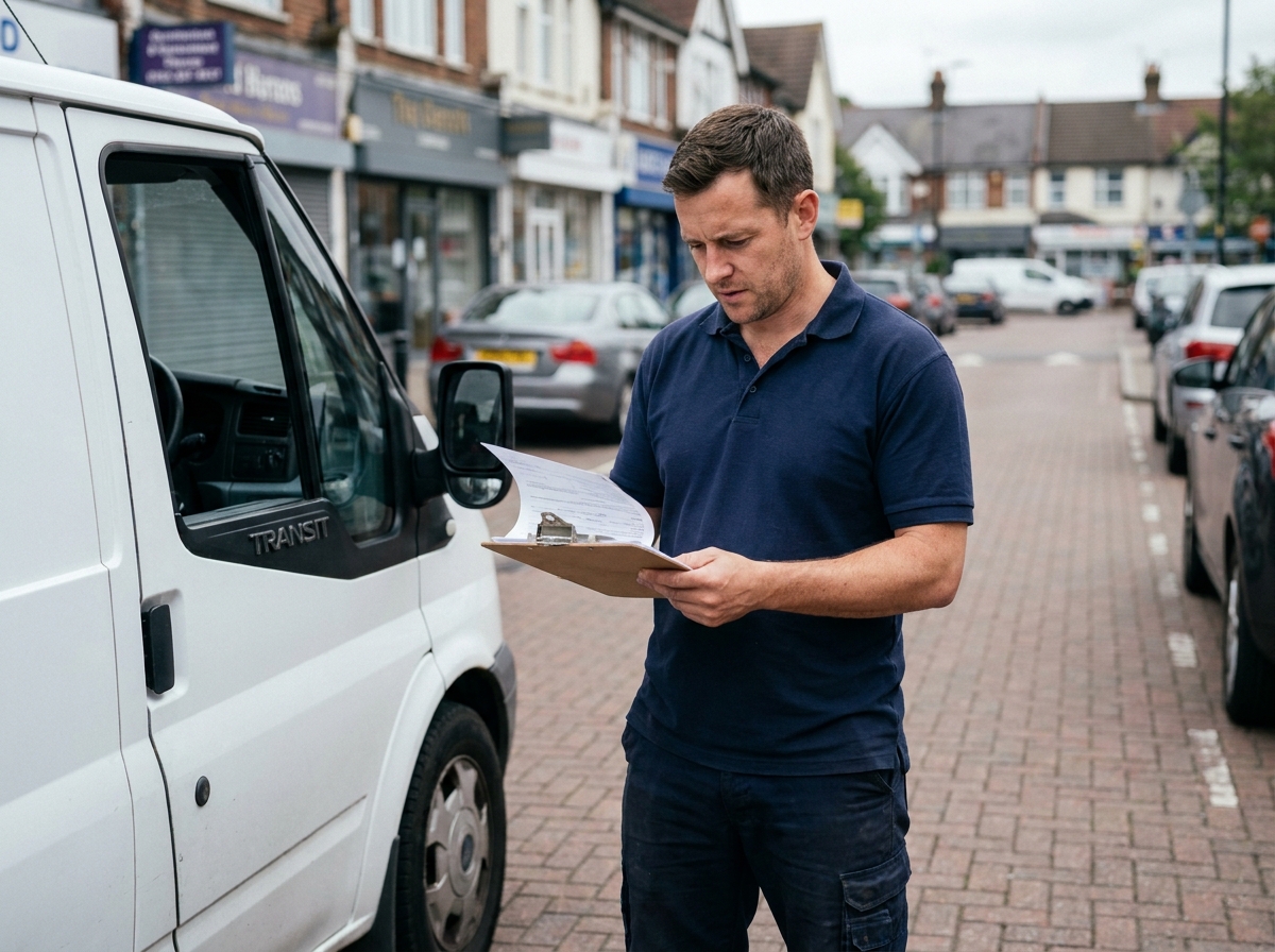 Auto-entrepreneur debout devant son véhicule utilitaire blanc en train de consulter des documents liés à son assurance auto professionnelle