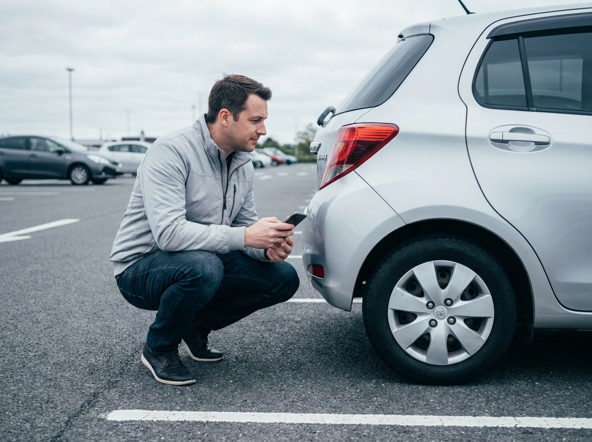 Auto-entrepreneur inspectant son véhicule dans un parking et documentant un sinistre avec son smartphone pour son assurance auto