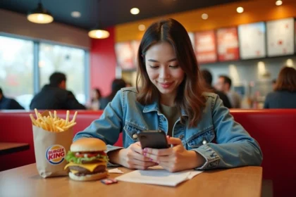 Jeune femme répondant à un avis client Burger King sur son smartphone dans un restaurant