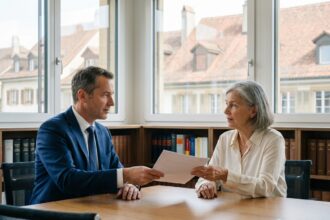 Avocat d'affaires en costume bleu dans un bureau moderne à Yverdon