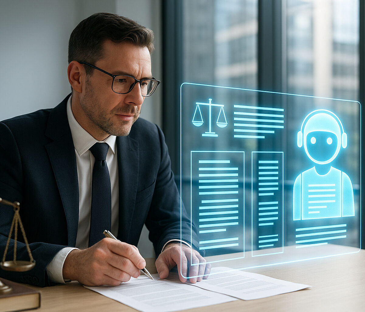 Avocat dans un bureau moderne avec interface holographique