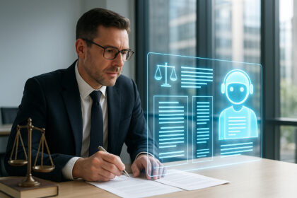 Avocat dans un bureau moderne avec interface holographique