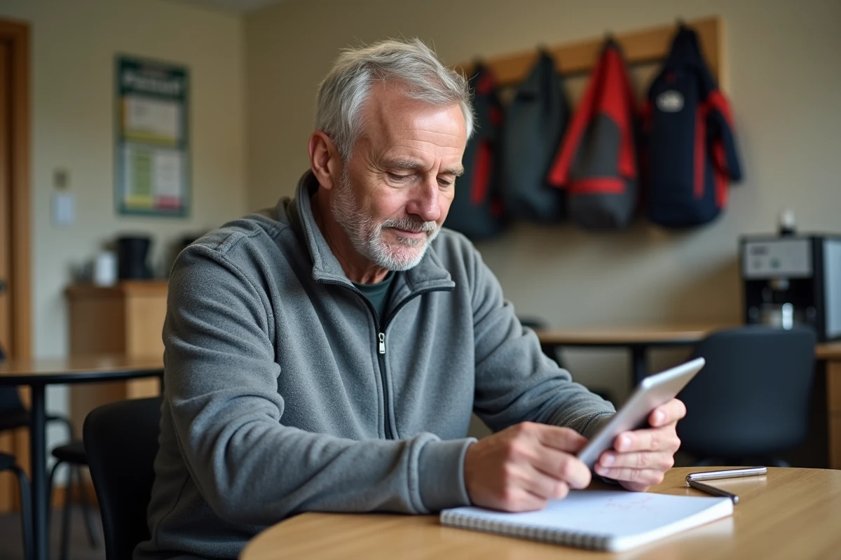Bénévole masculin consultant l'extranet FBI V2 sur une tablette dans la salle de repos d'un club sportif avec prise de notes