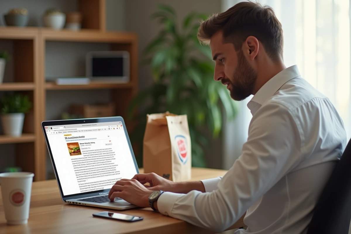 Homme saisissant un avis sur le site BKvousecoute.fr depuis son bureau à domicile