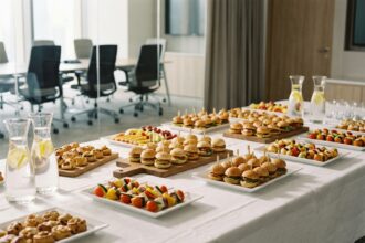 Table de buffet d'entreprise élégante avec assortiment de finger foods, sandwiches et plateaux de fruits dans une salle de réunion moderne