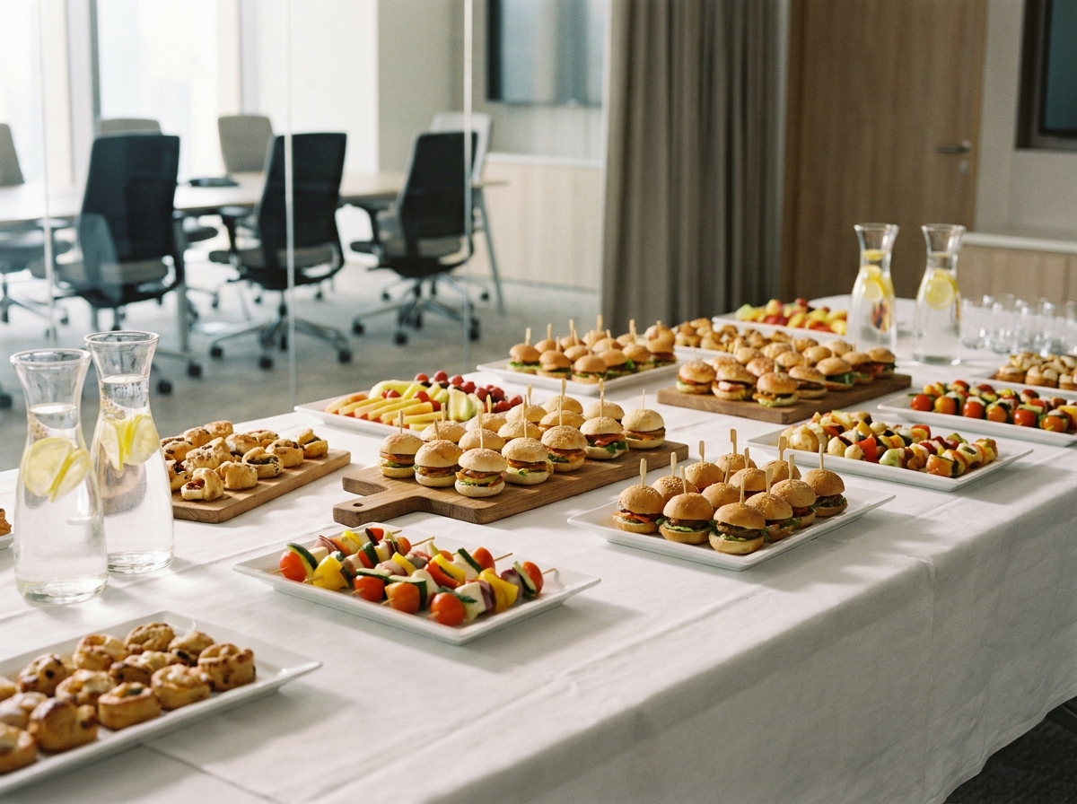 Table de buffet d'entreprise élégante avec assortiment de finger foods, sandwiches et plateaux de fruits dans une salle de réunion moderne