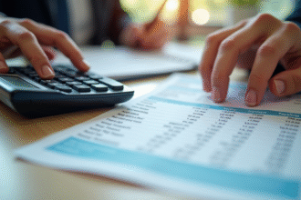 Bureau avec fiche de salaire et calculatrice pour le titre