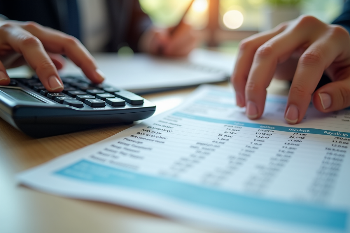 Bureau avec fiche de salaire et calculatrice pour le titre