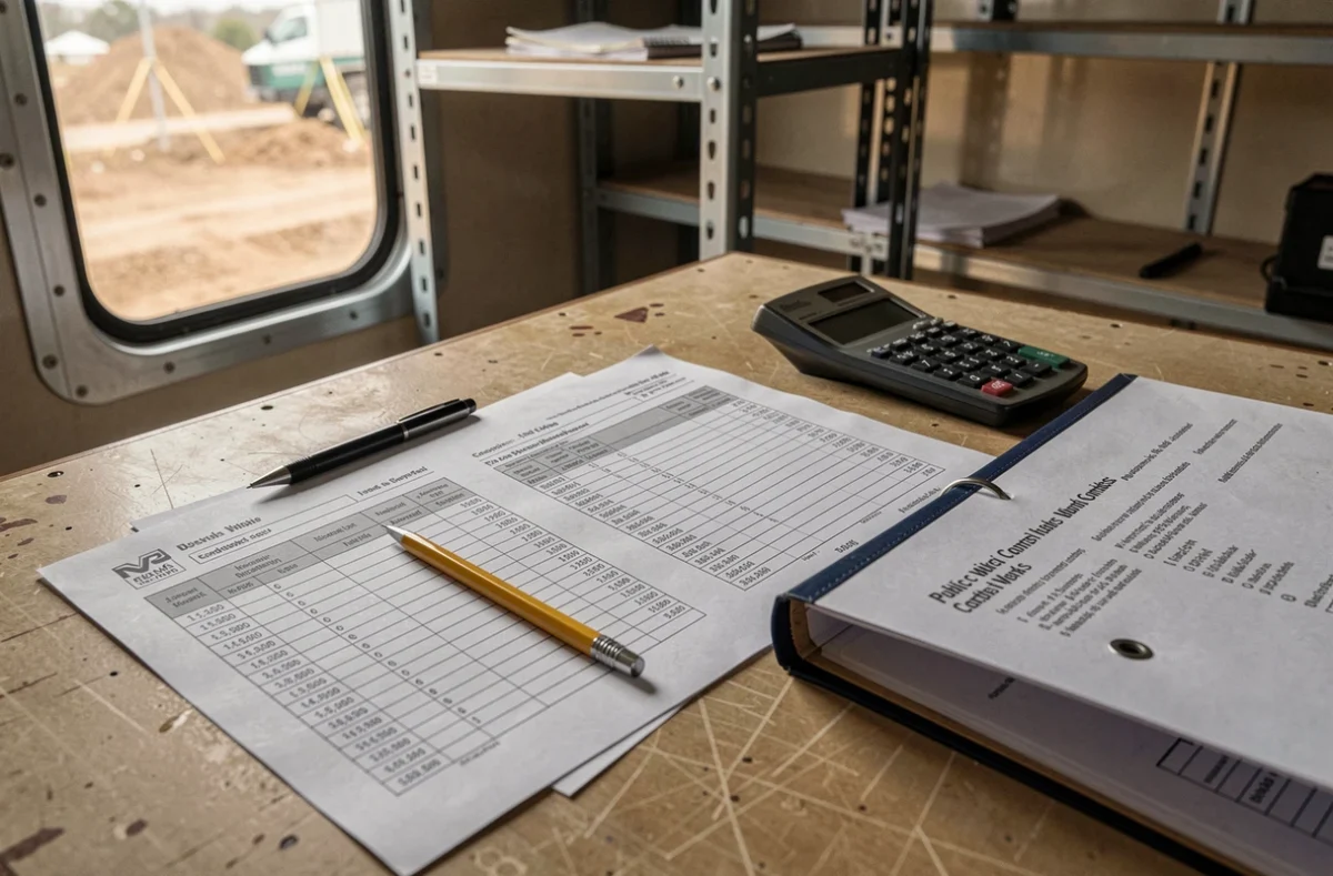 Bureau de chantier avec tableaux d'indices TP08, calculatrice et documents de marché public de travaux
