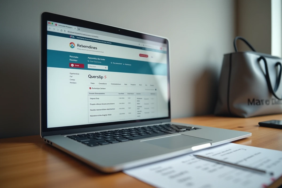 Bureau administratif d'un employé Marie Blachère avec un ordinateur portable affichant une fiche de paie sur l'intranet RH