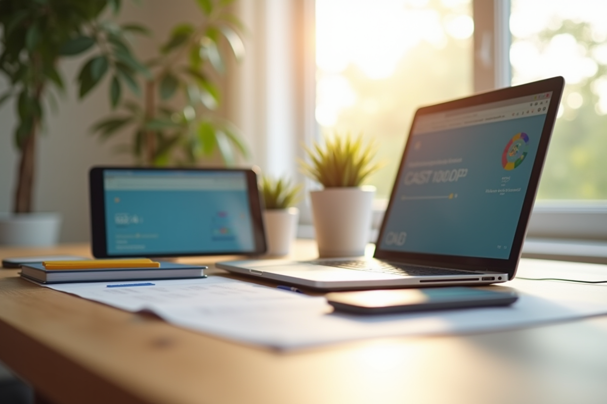 Bureau lumineux avec tablette smartphone et ordinateur pour e-learning