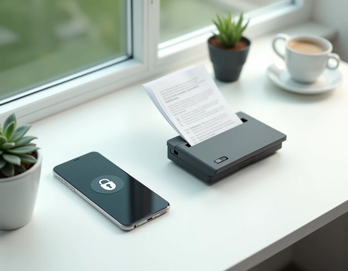 Scène de bureau minimaliste avec smartphone affichant une application d'archivage sécurisé et scanner de documents, illustrant la dématérialisation des documents avec My Arkevia