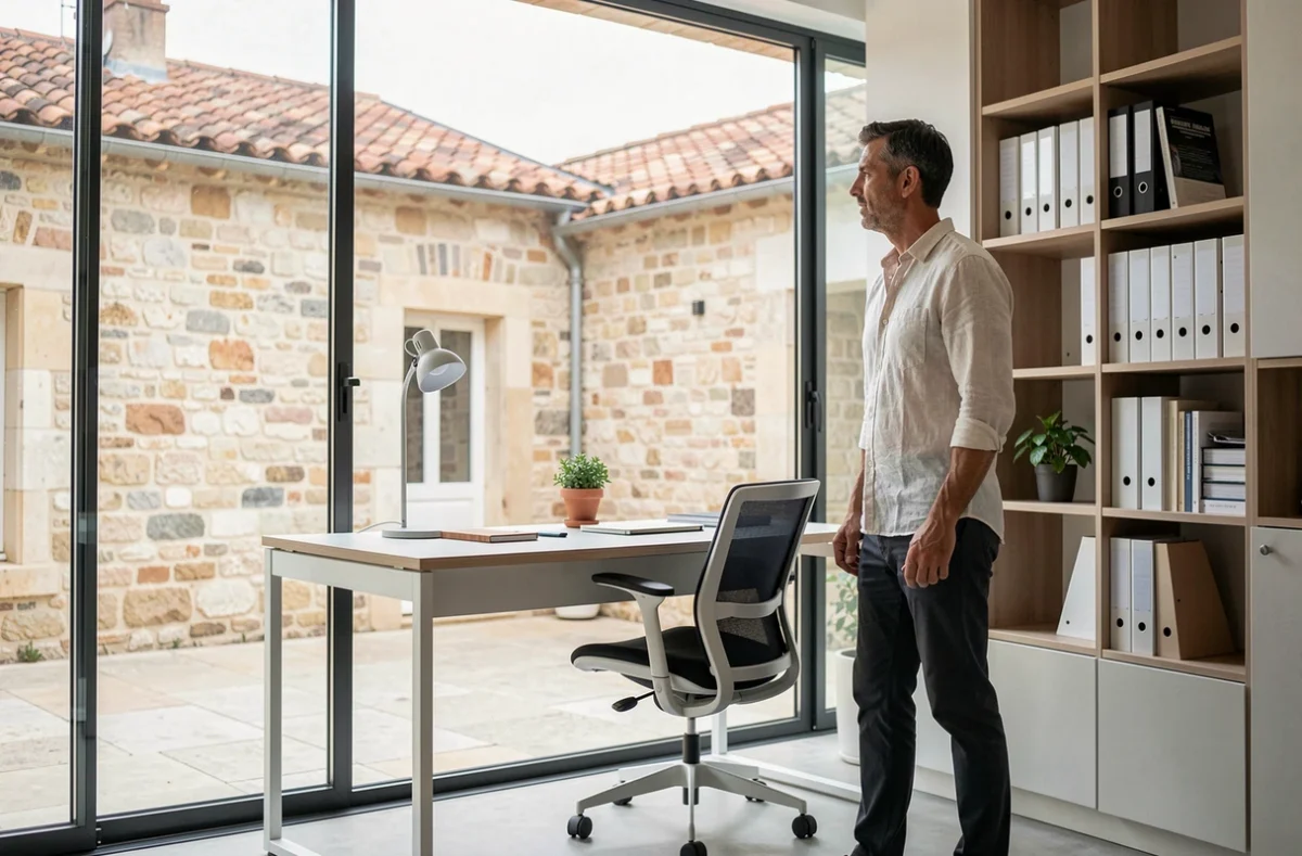 Homme d'affaires dans un bureau privé moderne à La Rochelle avec vue sur une cour en pierre charentaise